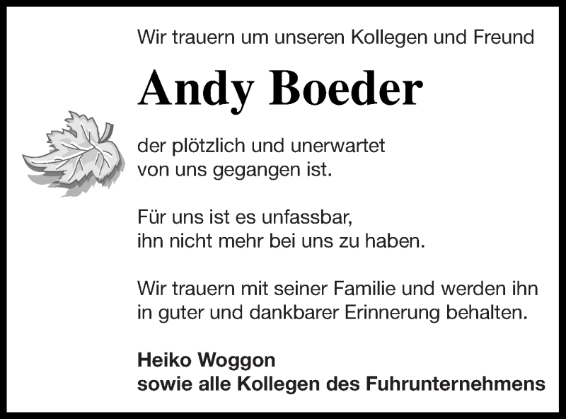  Traueranzeige für Andy Boeder vom 22.04.2021 aus Vorpommern Kurier