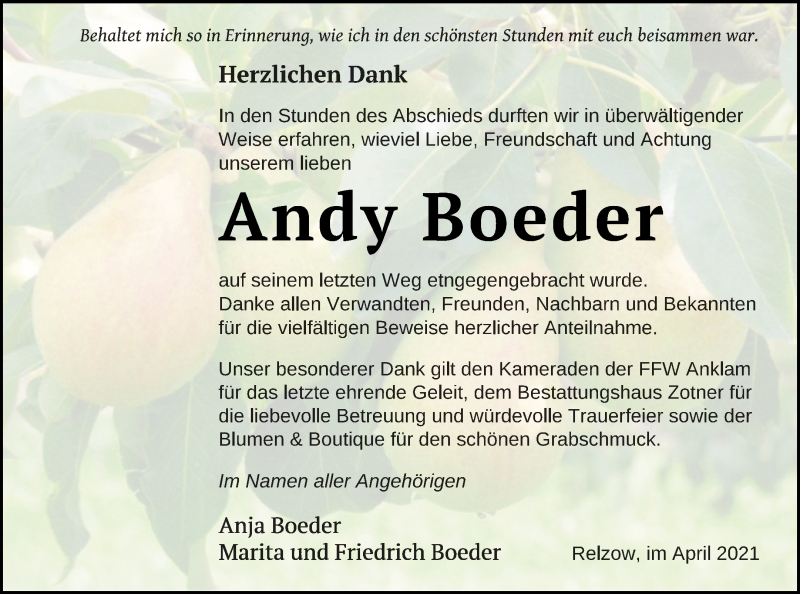  Traueranzeige für Andy Boeder vom 30.04.2021 aus Vorpommern Kurier