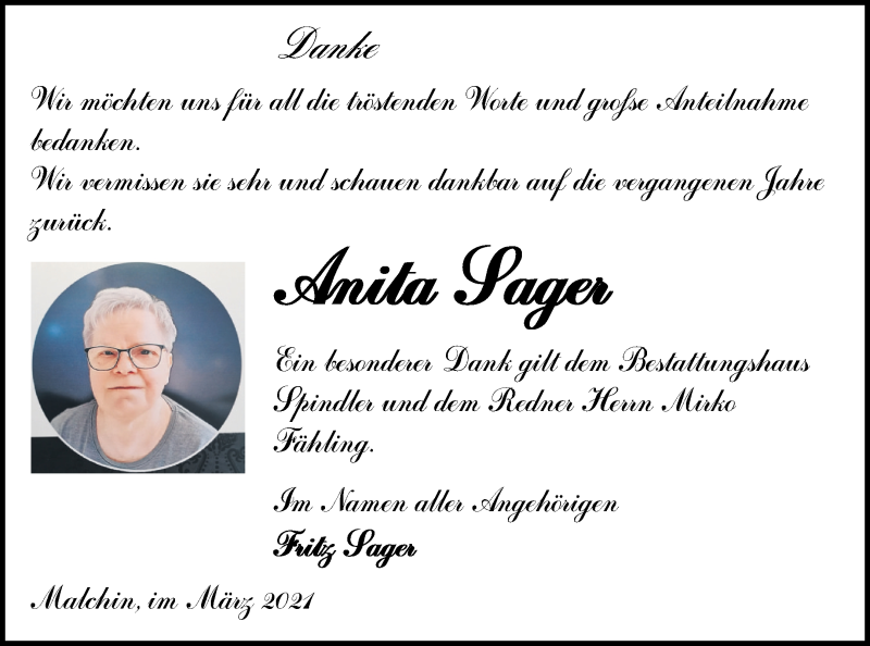  Traueranzeige für Anita Sager vom 23.04.2021 aus Mecklenburger Schweiz