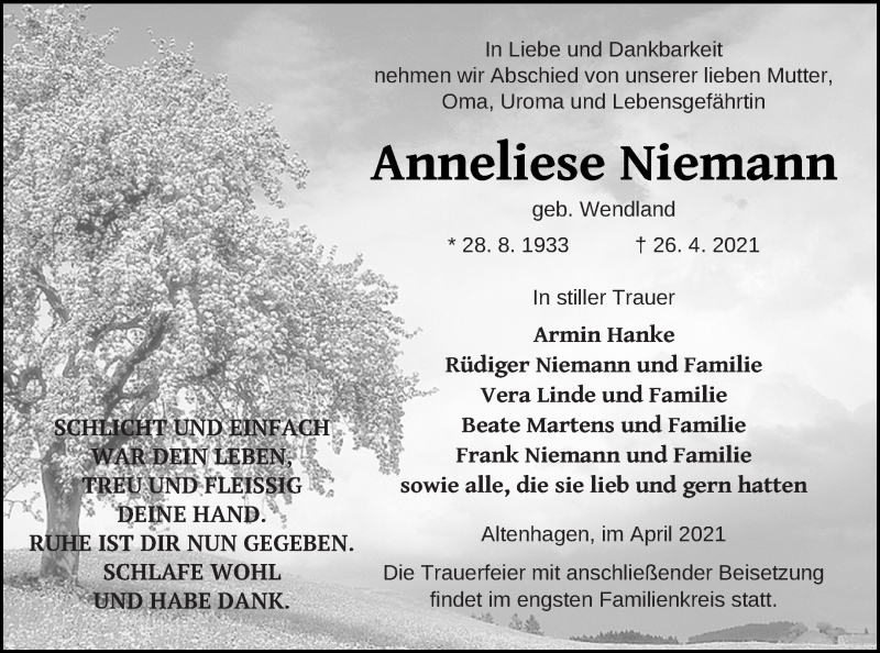  Traueranzeige für Anneliese Niemann vom 29.04.2021 aus Demminer Zeitung