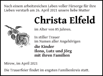 Traueranzeigen Von Christa Elfeld Trauer Nordkurier