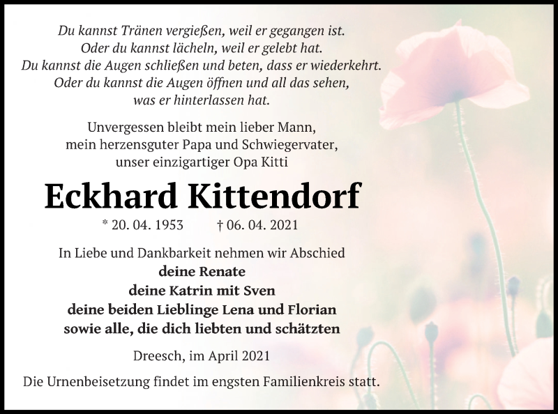  Traueranzeige für Eckhard Kittendorf vom 10.04.2021 aus Prenzlauer Zeitung