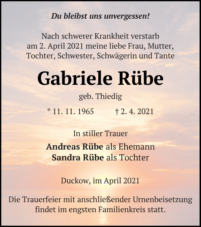  Traueranzeige für Gabriele Rübe vom 09.04.2021 aus Mecklenburger Schweiz