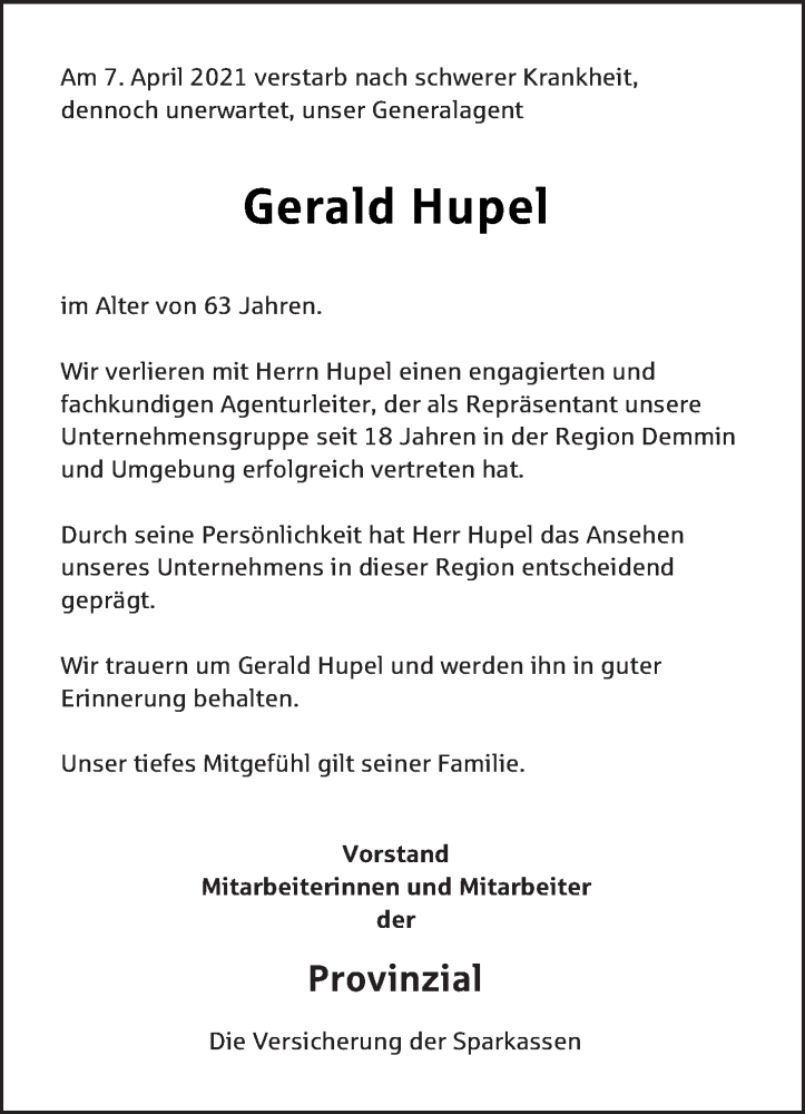  Traueranzeige für Gerald Hupel vom 14.04.2021 aus Vorpommern Kurier