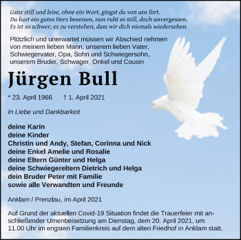 Traueranzeigen von Jürgen Bull Trauer Nordkurier