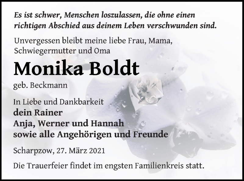  Traueranzeige für Monika Boldt vom 01.04.2021 aus Mecklenburger Schweiz