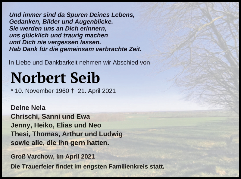  Traueranzeige für Norbert Seib vom 30.04.2021 aus Müritz-Zeitung