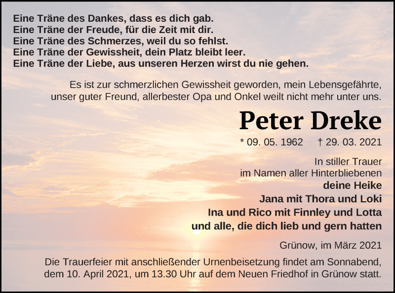  Traueranzeige für Peter Dreke vom 03.04.2021 aus Prenzlauer Zeitung