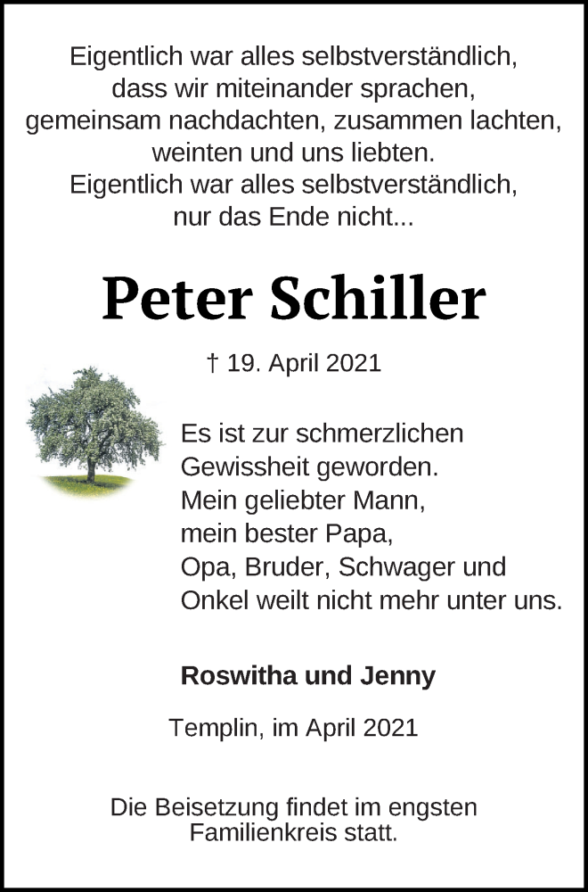  Traueranzeige für Peter Schiller vom 23.04.2021 aus Templiner Zeitung