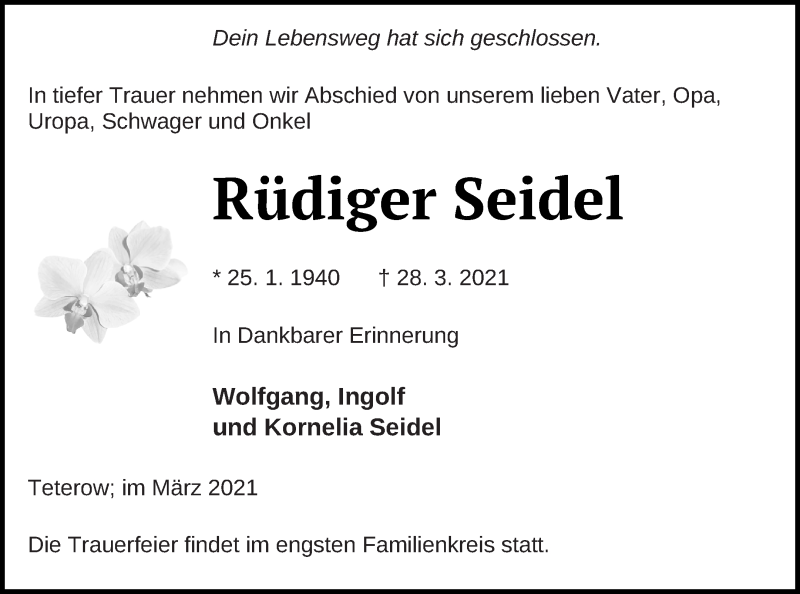  Traueranzeige für Rüdiger Seidel vom 01.04.2021 aus Vorpommern Kurier