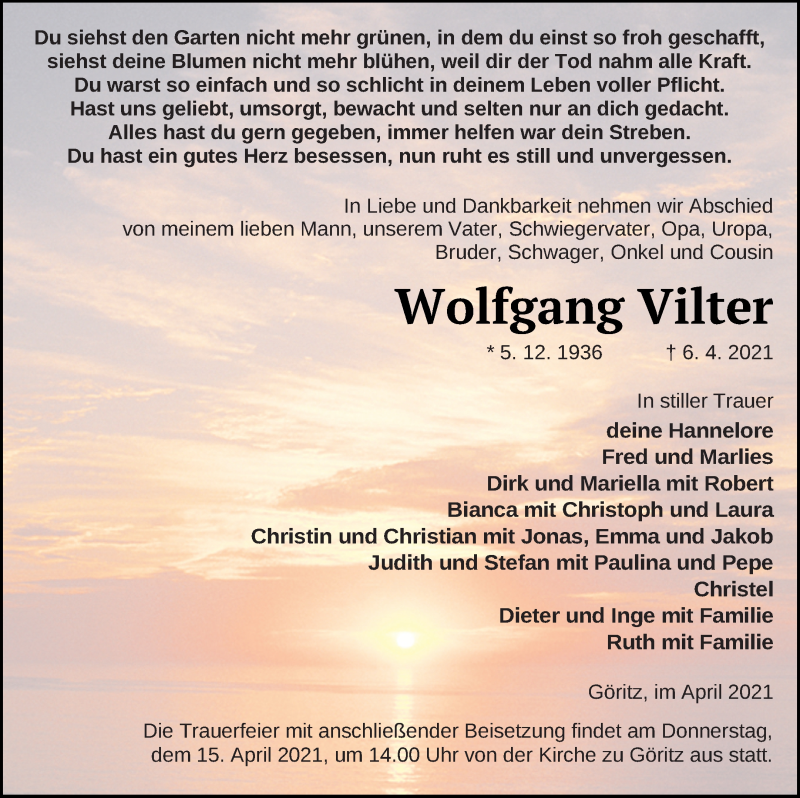  Traueranzeige für Wolfgang Vilter vom 09.04.2021 aus Prenzlauer Zeitung