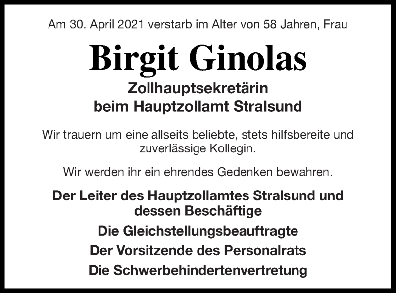  Traueranzeige für Birgit Ginolas vom 08.05.2021 aus Pasewalker Zeitung
