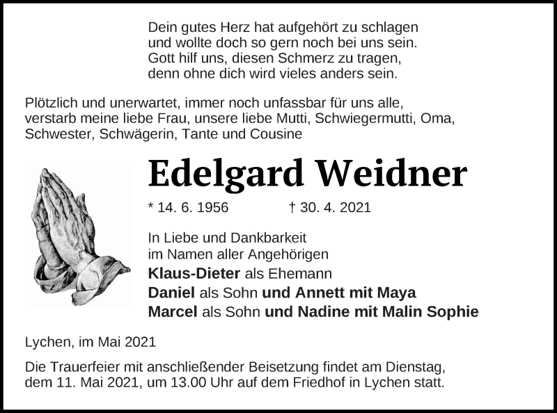 Traueranzeige für Edelgard Weidner vom 06.05.2021 aus Templiner Zeitung