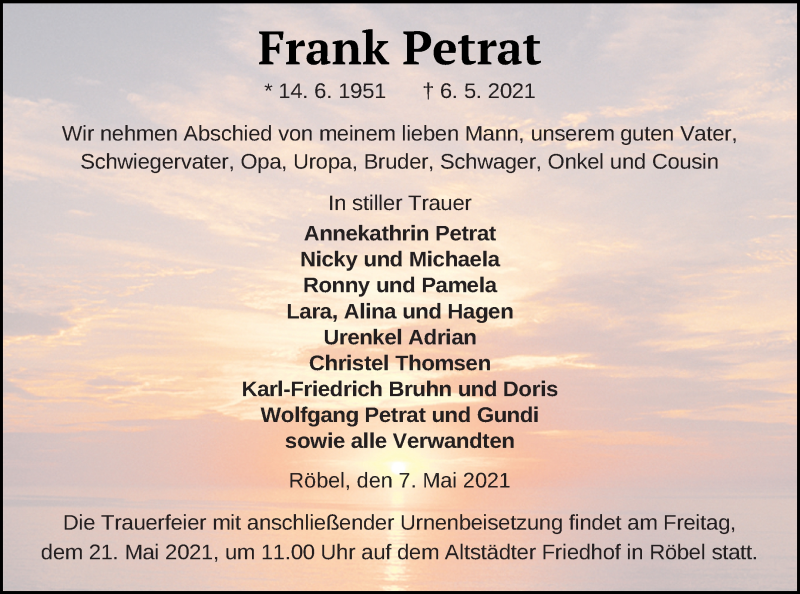  Traueranzeige für Frank Petrat vom 08.05.2021 aus Müritz-Zeitung
