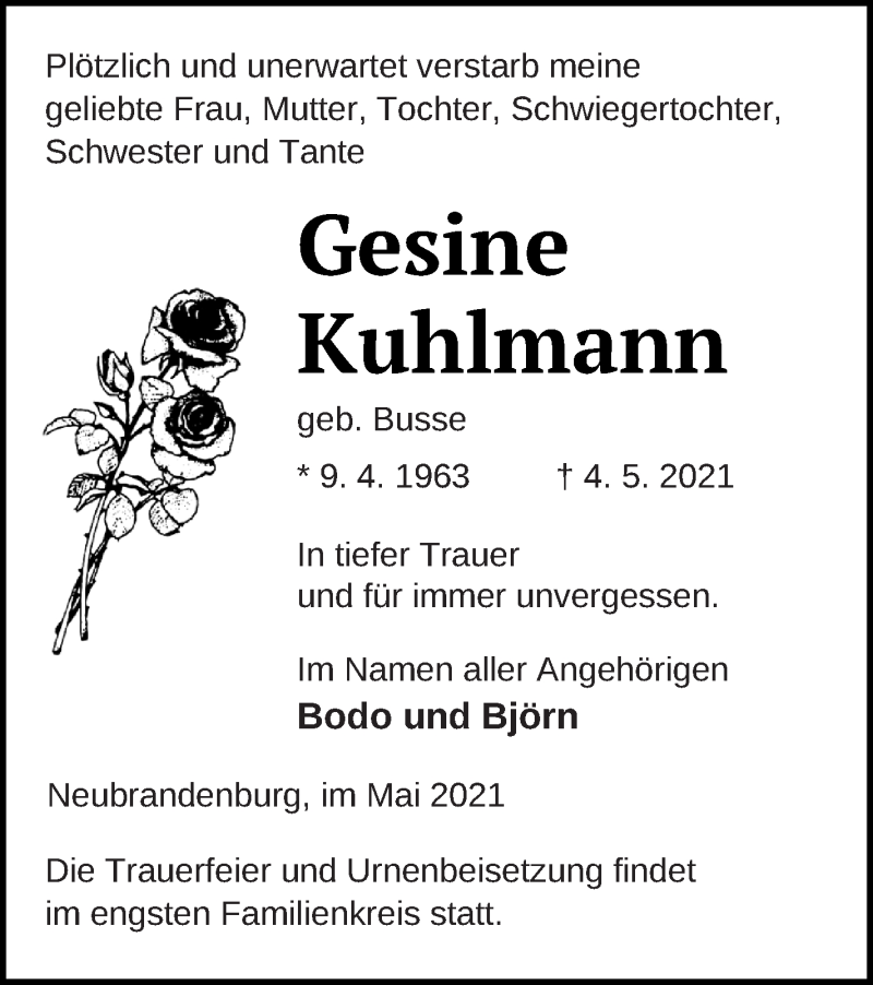  Traueranzeige für Gesine Kuhlmann vom 08.05.2021 aus Neubrandenburger Zeitung