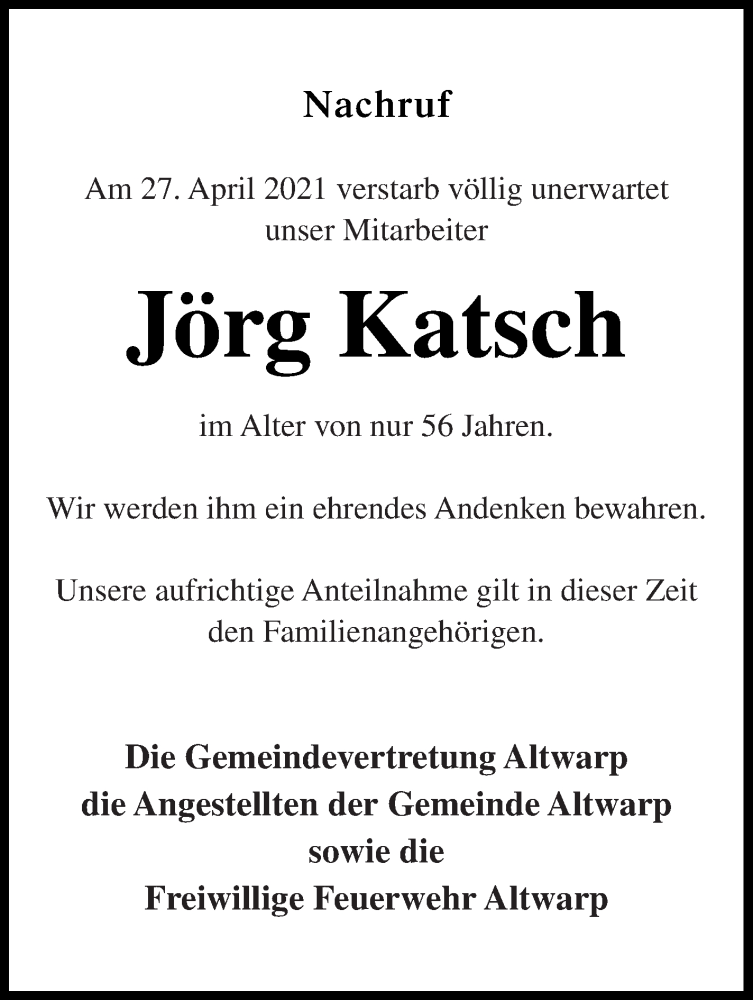  Traueranzeige für Jörg Katsch vom 08.05.2021 aus Haff-Zeitung
