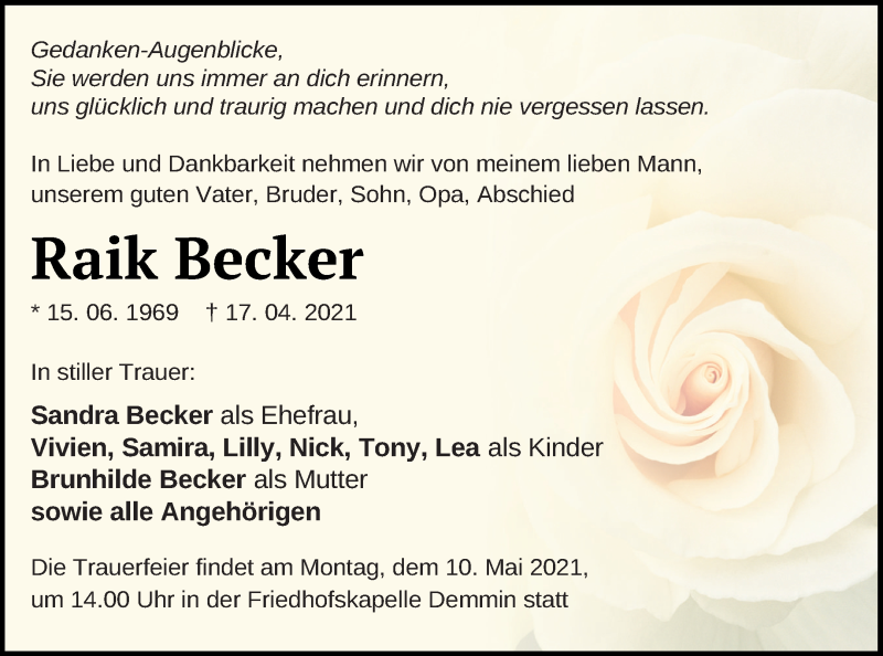  Traueranzeige für Raik Becker vom 07.05.2021 aus Demminer Zeitung