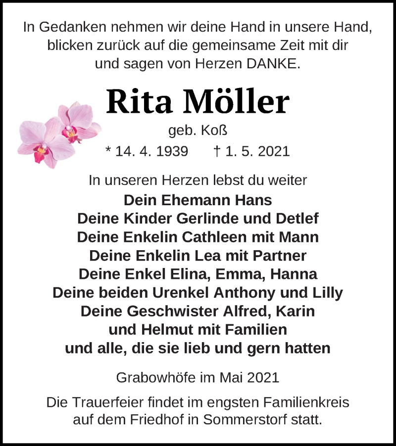  Traueranzeige für Rita Möller vom 08.05.2021 aus Müritz-Zeitung