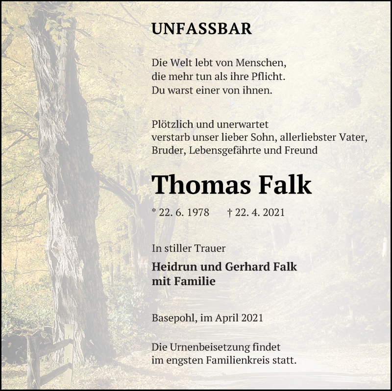  Traueranzeige für Thomas Falk vom 07.05.2021 aus Mecklenburger Schweiz