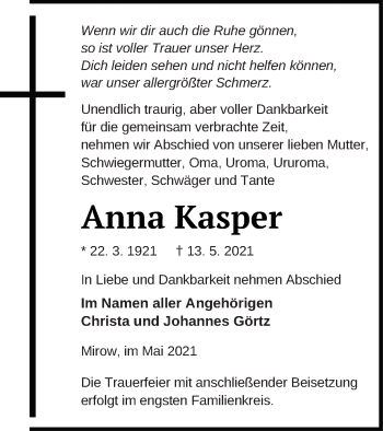 Traueranzeige von Anna Kasper von Strelitzer Zeitung