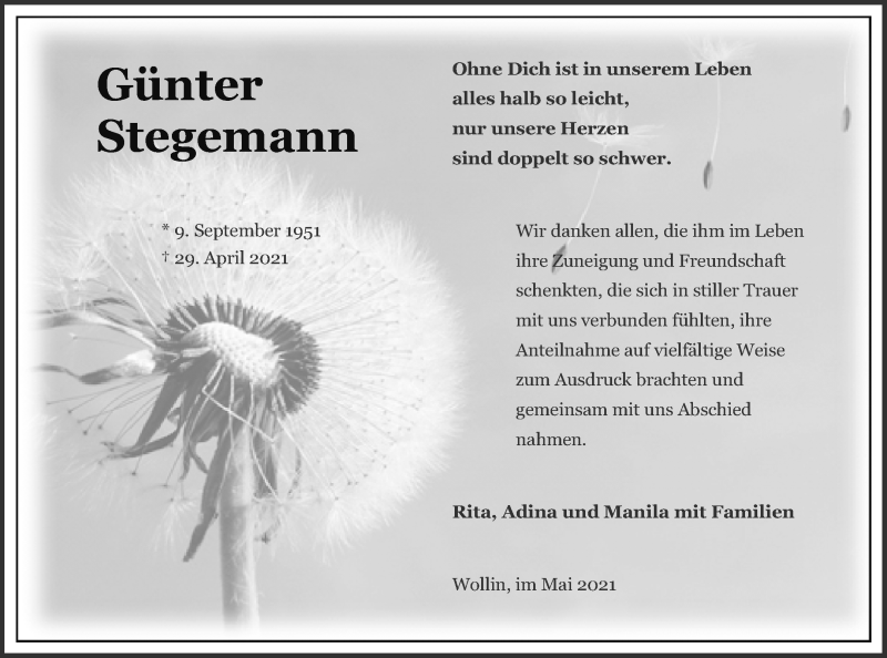  Traueranzeige für Günter Stegemann vom 22.05.2021 aus Pasewalker Zeitung