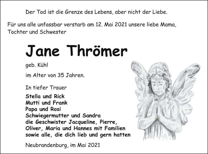  Traueranzeige für Jane Thrömer vom 19.05.2021 aus Neubrandenburger Zeitung