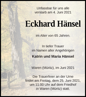 Traueranzeigen von Eckhard Hänsel Trauer Nordkurier