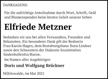 Traueranzeige von Elfriede Metzner von Neubrandenburger Zeitung