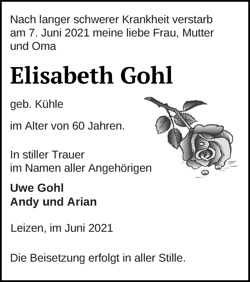  Traueranzeige für Elisabeth Gohl vom 08.06.2021 aus Müritz-Zeitung