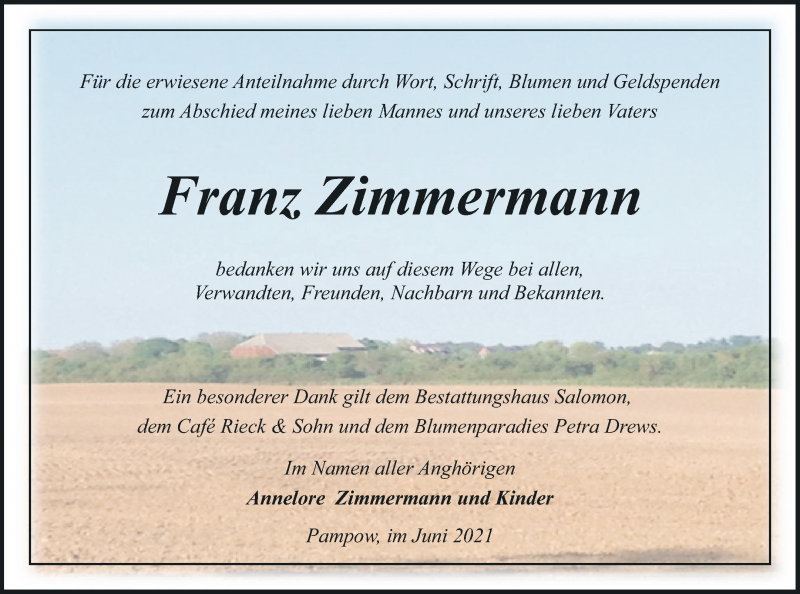 Traueranzeigen Von Franz Zimmermann Trauer Nordkurier