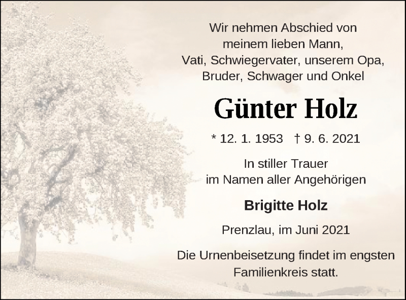 Traueranzeige für Günter Holz vom 12.06.2021 aus Prenzlauer Zeitung