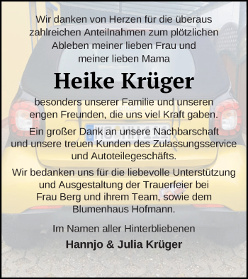Traueranzeige von Heike Krüger von Mecklenburger Schweiz