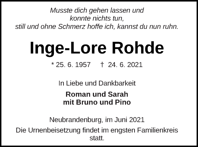  Traueranzeige für Inge-Lore Rohde vom 29.06.2021 aus Neubrandenburger Zeitung