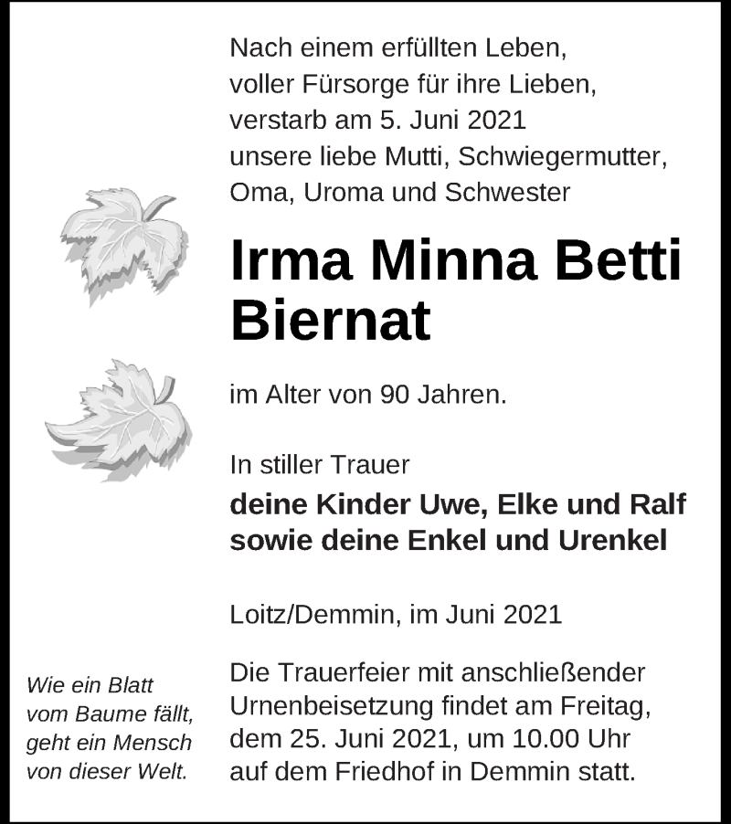  Traueranzeige für Irma Minna Betti Biernat vom 15.06.2021 aus Demminer Zeitung
