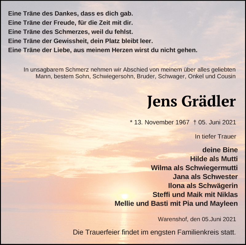  Traueranzeige für Jens Grädler vom 12.06.2021 aus Müritz-Zeitung