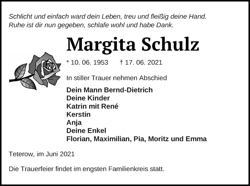  Traueranzeige für Margita Schulz vom 23.06.2021 aus Mecklenburger Schweiz