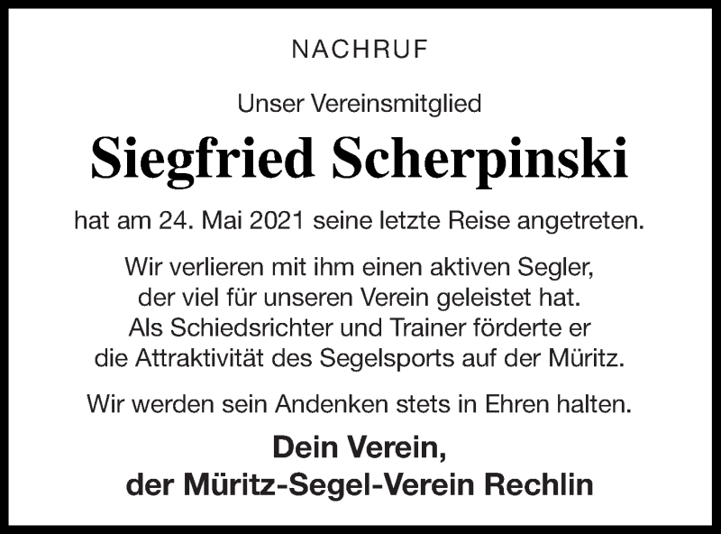  Traueranzeige für Siegfried Scherpinski vom 03.06.2021 aus Müritz-Zeitung