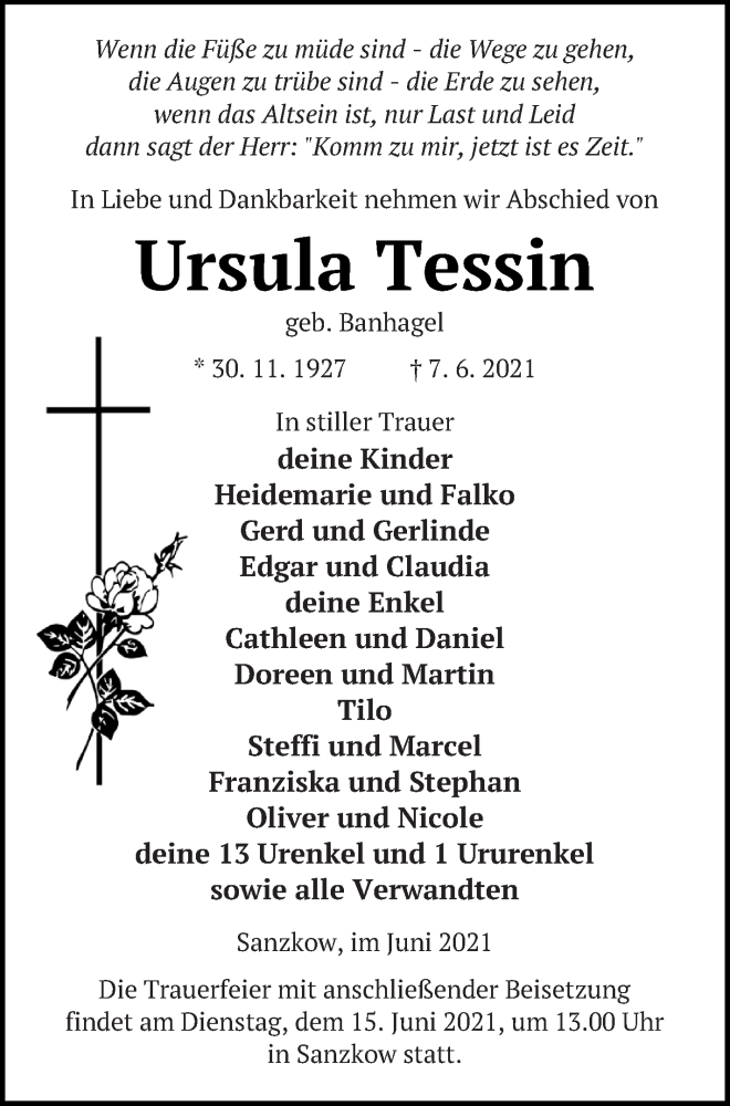  Traueranzeige für Ursula Tessin vom 11.06.2021 aus Demminer Zeitung