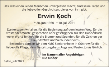 Traueranzeigen Von Erwin Koch Trauer Nordkurier