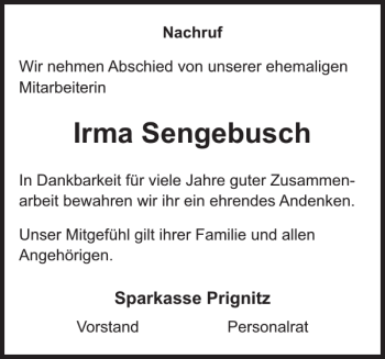 Traueranzeigen Von Irma Sengebusch Trauer Nordkurier