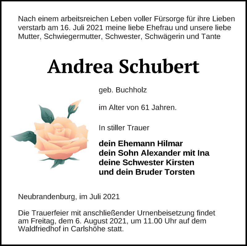 Traueranzeige für Andrea Schubert vom 23.07.2021 aus Neubrandenburger Zeitung