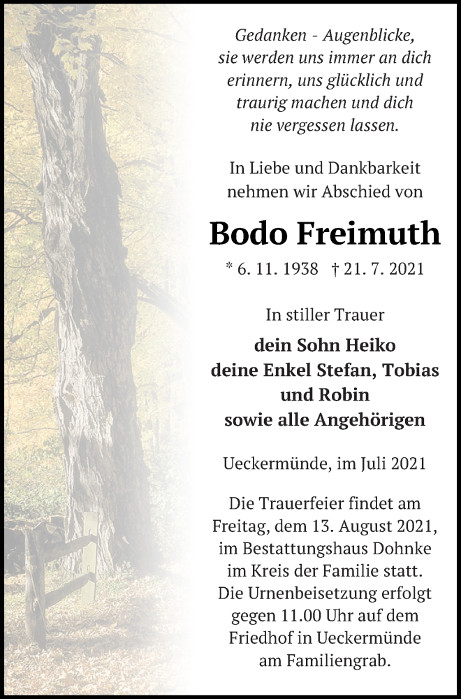  Traueranzeige für Bodo Freimuth vom 31.07.2021 aus Haff-Zeitung