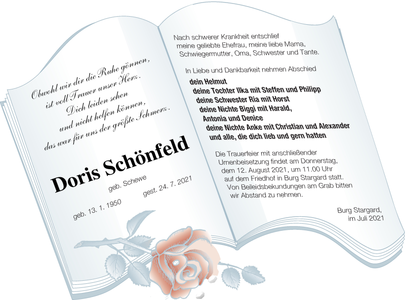  Traueranzeige für Doris Schönfeld vom 30.07.2021 aus Neubrandenburger Zeitung