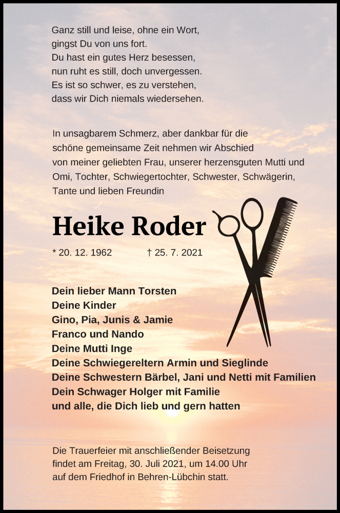  Traueranzeige für Heike Roder vom 28.07.2021 aus Mecklenburger Schweiz