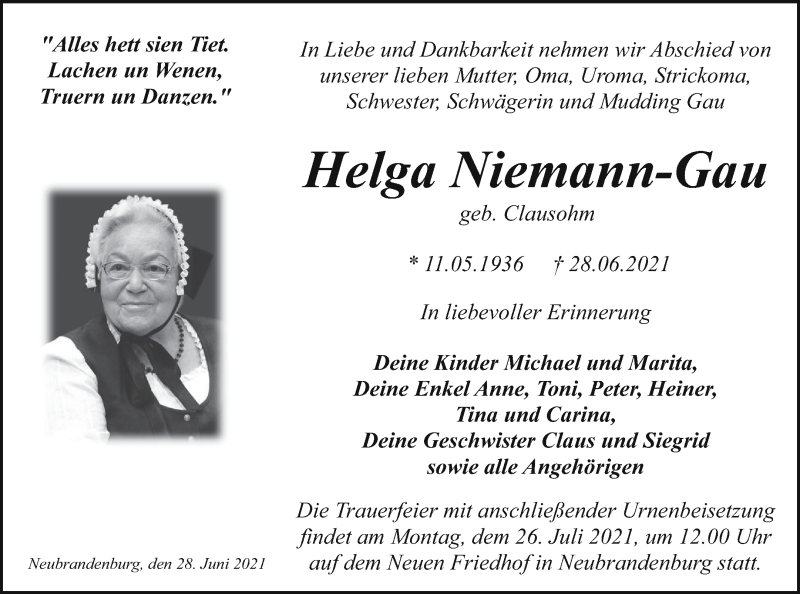  Traueranzeige für Helga Niemann-Gau vom 13.07.2021 aus Neubrandenburger Zeitung