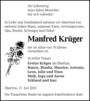 Traueranzeigen von Manfred Krüger Trauer Nordkurier