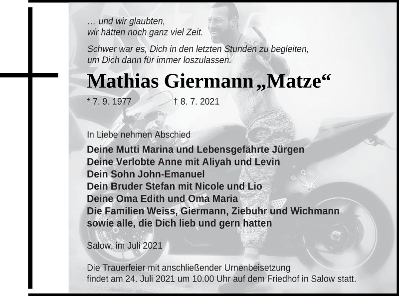  Traueranzeige für Mathias Giermann vom 17.07.2021 aus Neubrandenburger Zeitung