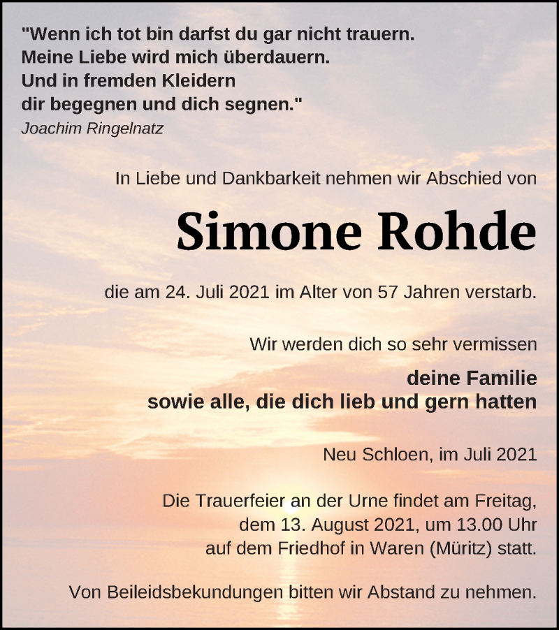  Traueranzeige für Simone Rohde vom 30.07.2021 aus Müritz-Zeitung