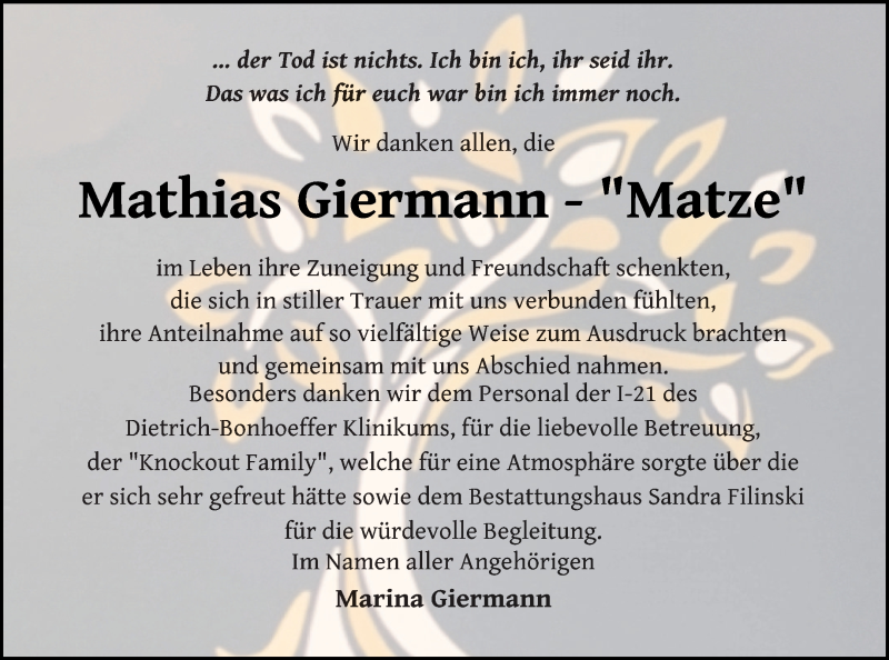  Traueranzeige für Mathias Giermann vom 07.08.2021 aus Neubrandenburger Zeitung