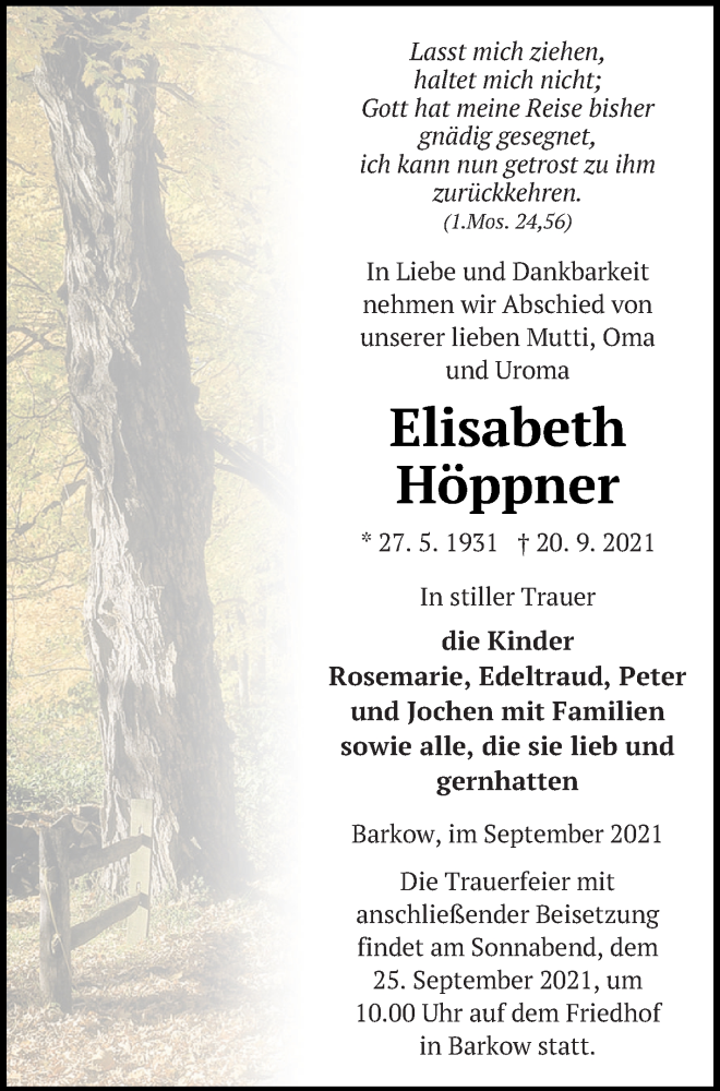  Traueranzeige für Elisabeth Höppner vom 22.09.2021 aus Neubrandenburger Zeitung